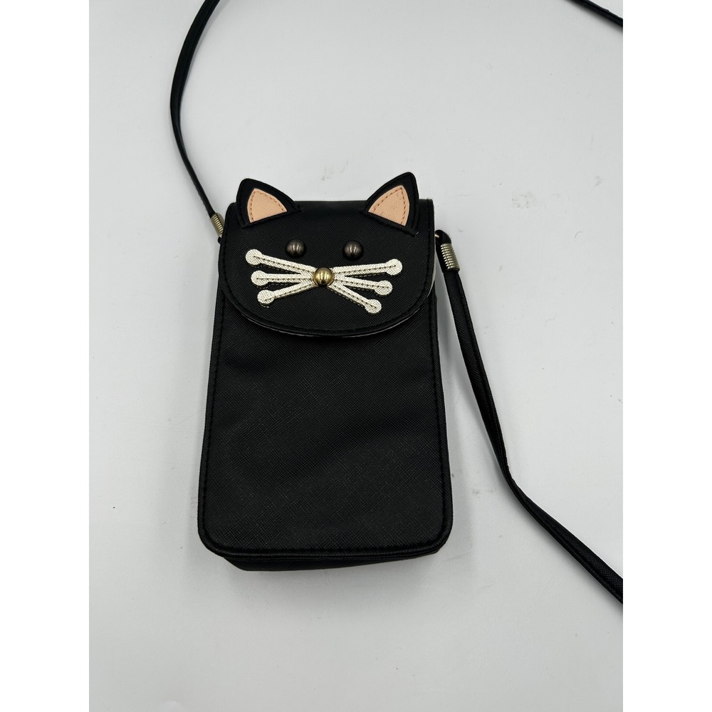 Black Cat Face Crossbody Phone Bag Whimsical Kitten Small Shoulder Pouch